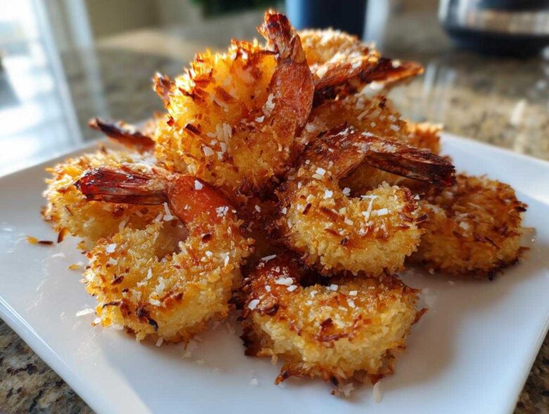 A close-up of a pile of golden brown, crispy Air-Fryer Coconut Shrimp served on a white rectangular plate.