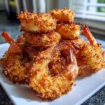 A tempting pile of golden brown, crispy Air-Fryer Coconut Shrimp served on a white square plate.