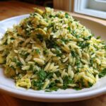 A close-up of a vibrant Artichoke Lemon Orzo Salad mixed with chopped parsley, served in a white bowl.