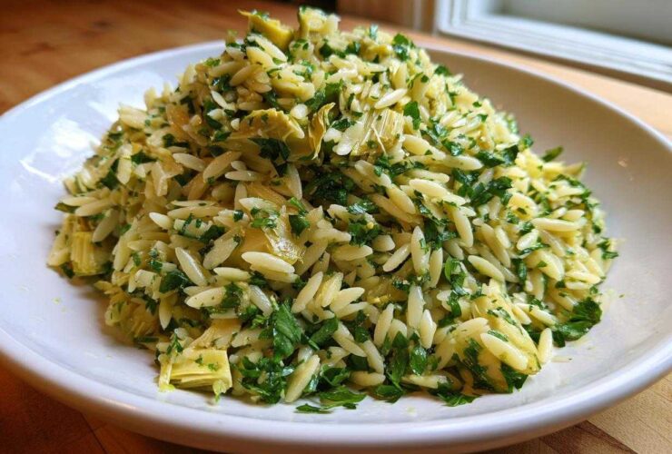A close-up of a vibrant Artichoke Lemon Orzo Salad mixed with chopped parsley, served in a white bowl.