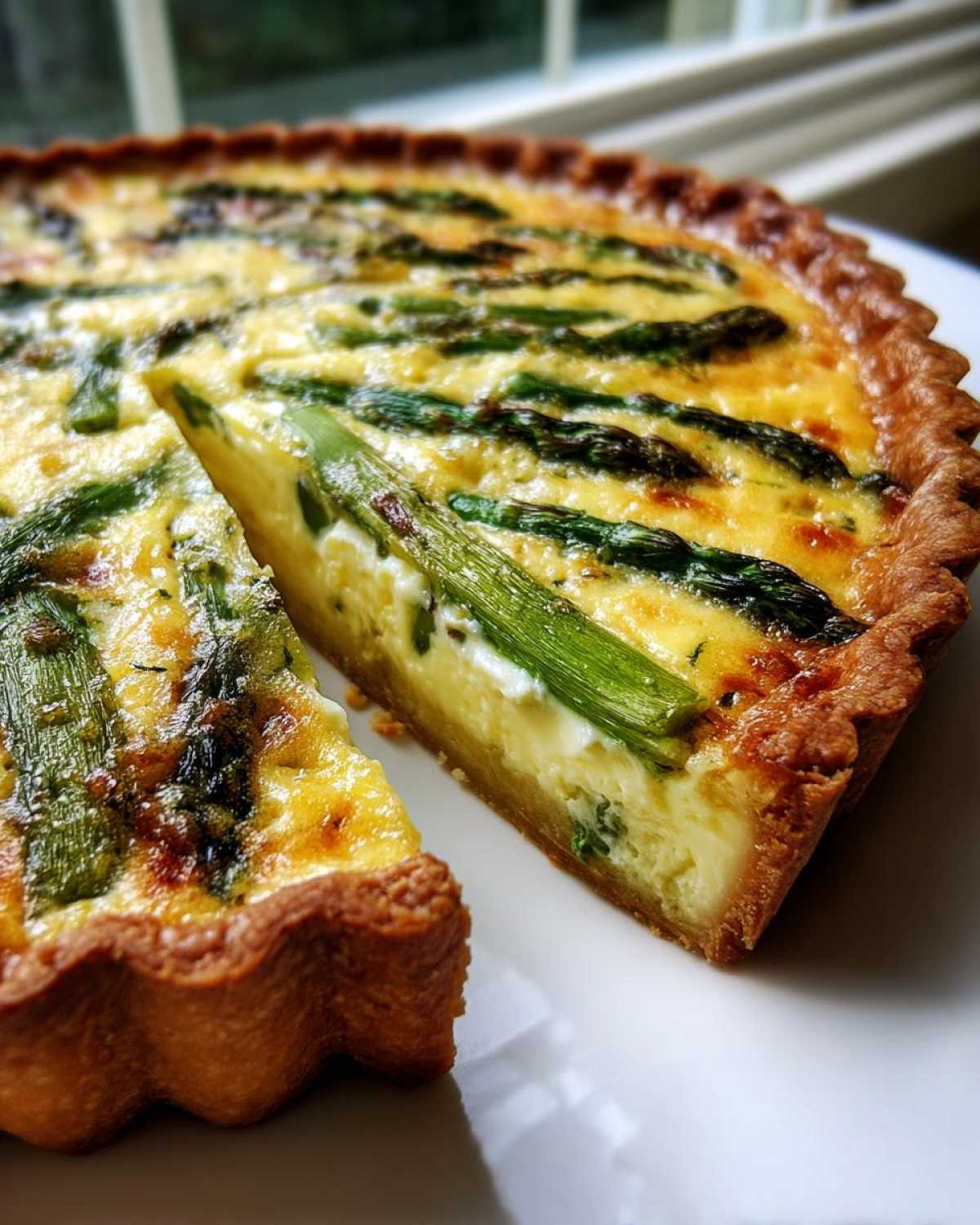 Close-up of a slice being removed from a golden Asparagus Gruyere Quiche, showing the creamy filling and crisp crust.