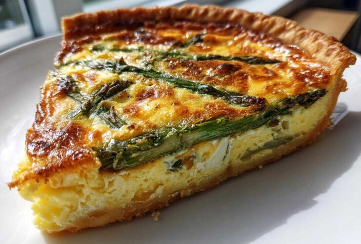 A close-up slice of golden-brown Asparagus Gruyere Quiche with visible asparagus spears on a white plate.