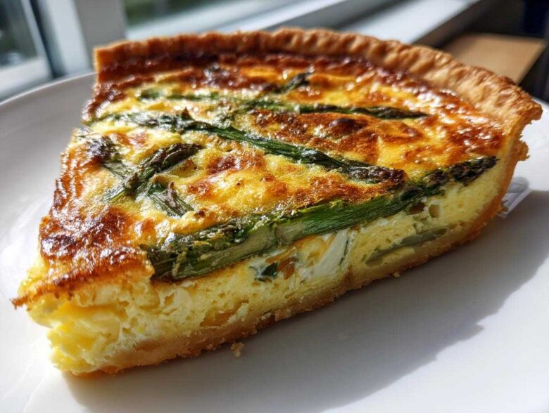 A close-up slice of golden-brown Asparagus Gruyere Quiche with visible asparagus spears on a white plate.