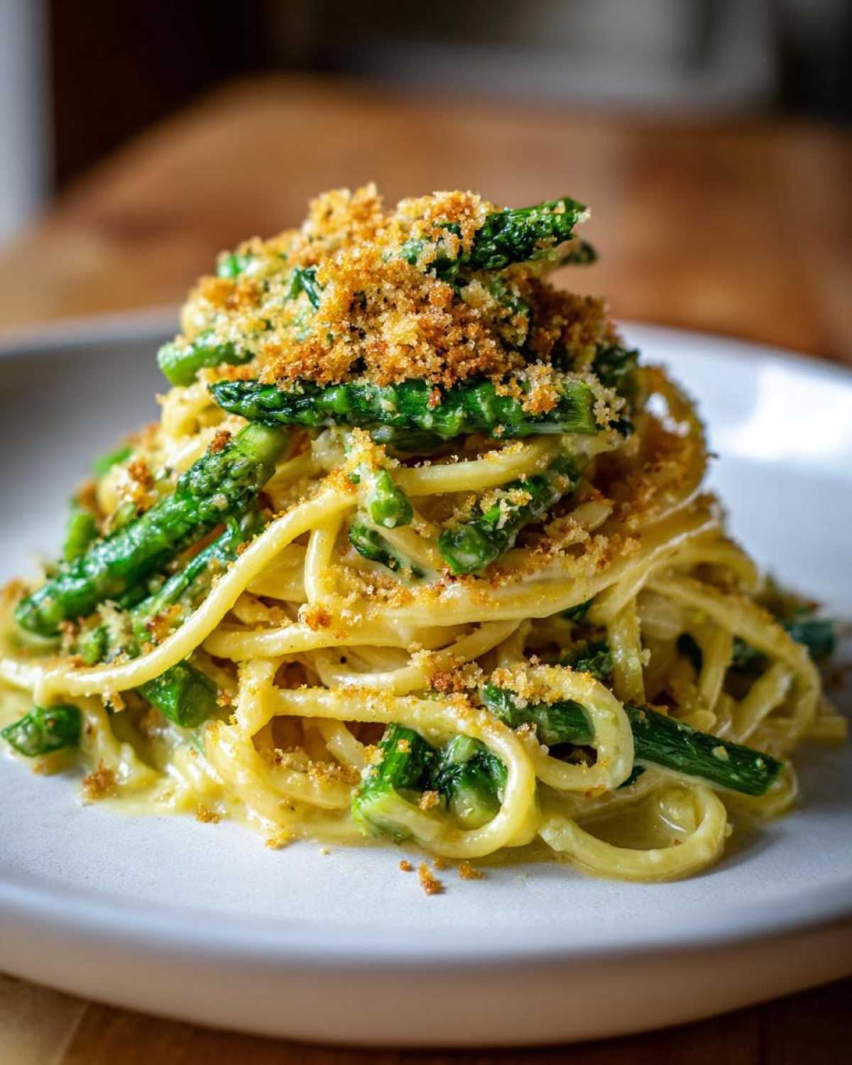 A close-up of a tall serving of Asparagus Lemon Pasta with Parmesan Crumbs, featuring thick pasta strands and bright green asparagus.