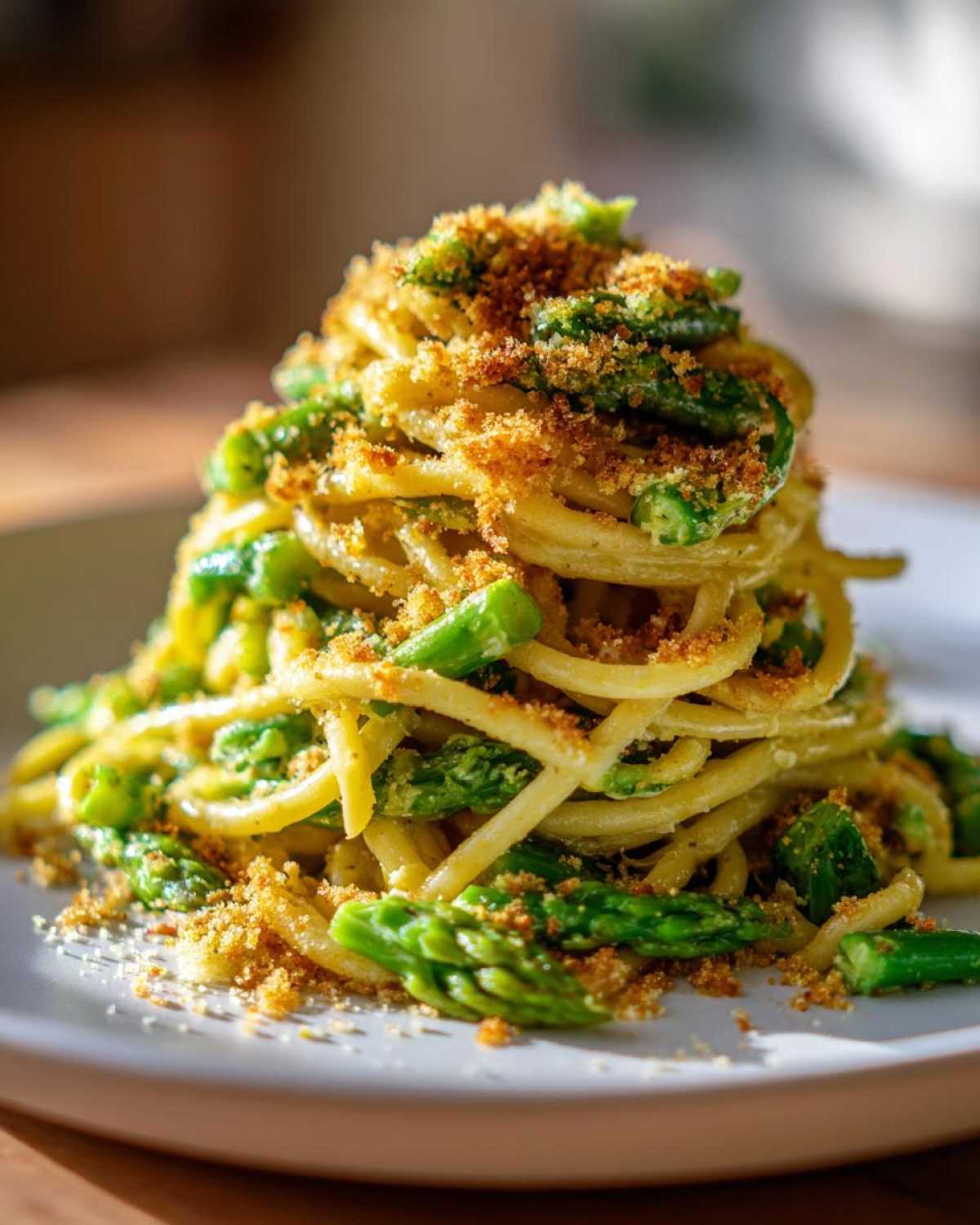 A tall serving of Asparagus Lemon Pasta with Parmesan Crumbs, featuring bright green asparagus spears mixed with pasta.