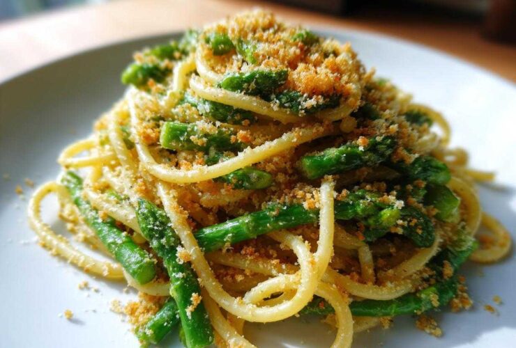 A close-up of a serving of Asparagus Lemon Pasta with Parmesan Crumbs, featuring bright green asparagus spears mixed with pasta.