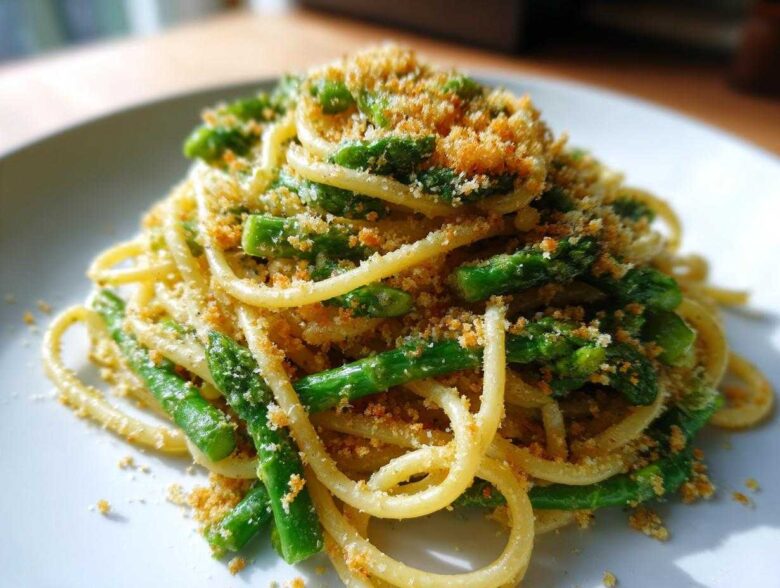 A close-up of a serving of Asparagus Lemon Pasta with Parmesan Crumbs, featuring bright green asparagus spears mixed with pasta.