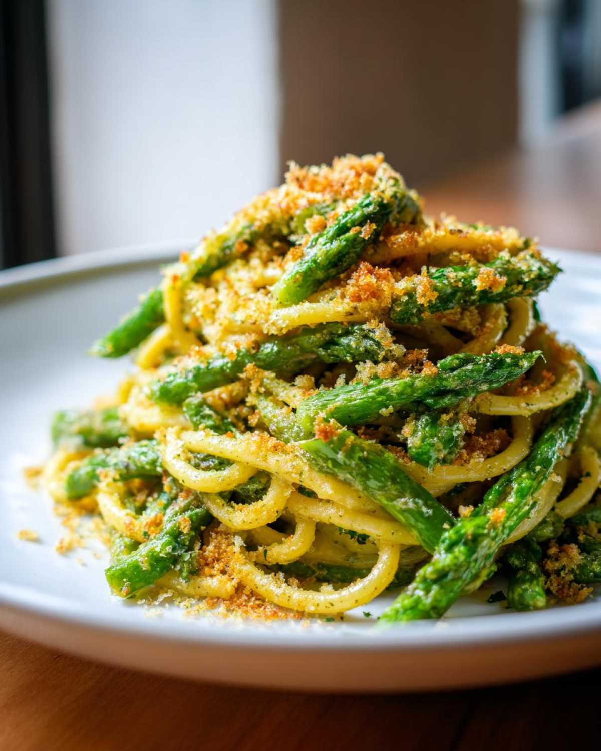 A close-up of a mound of Asparagus Lemon Pasta with Parmesan Crumbs, featuring bright green asparagus spears and toasted breadcrumbs.