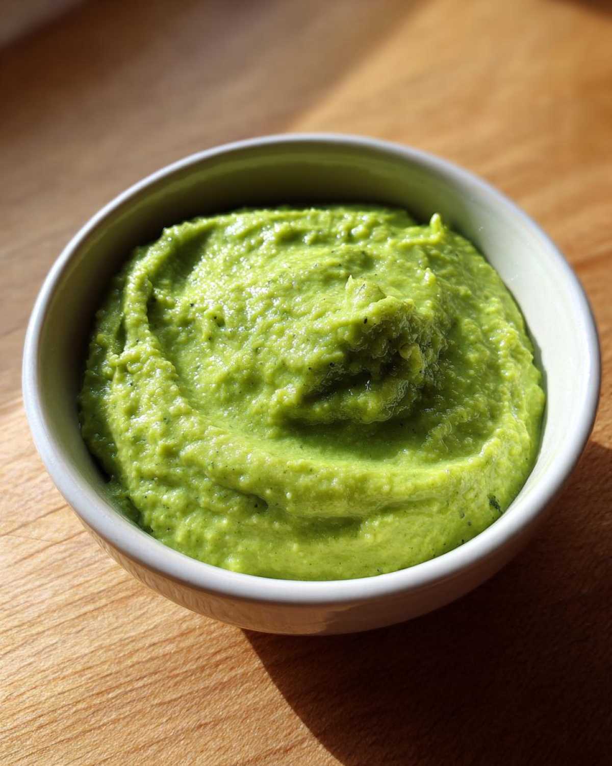 A close-up of thick, bright green Avocado Tomatillo Salsa Verde served in a small white bowl on a wooden surface.