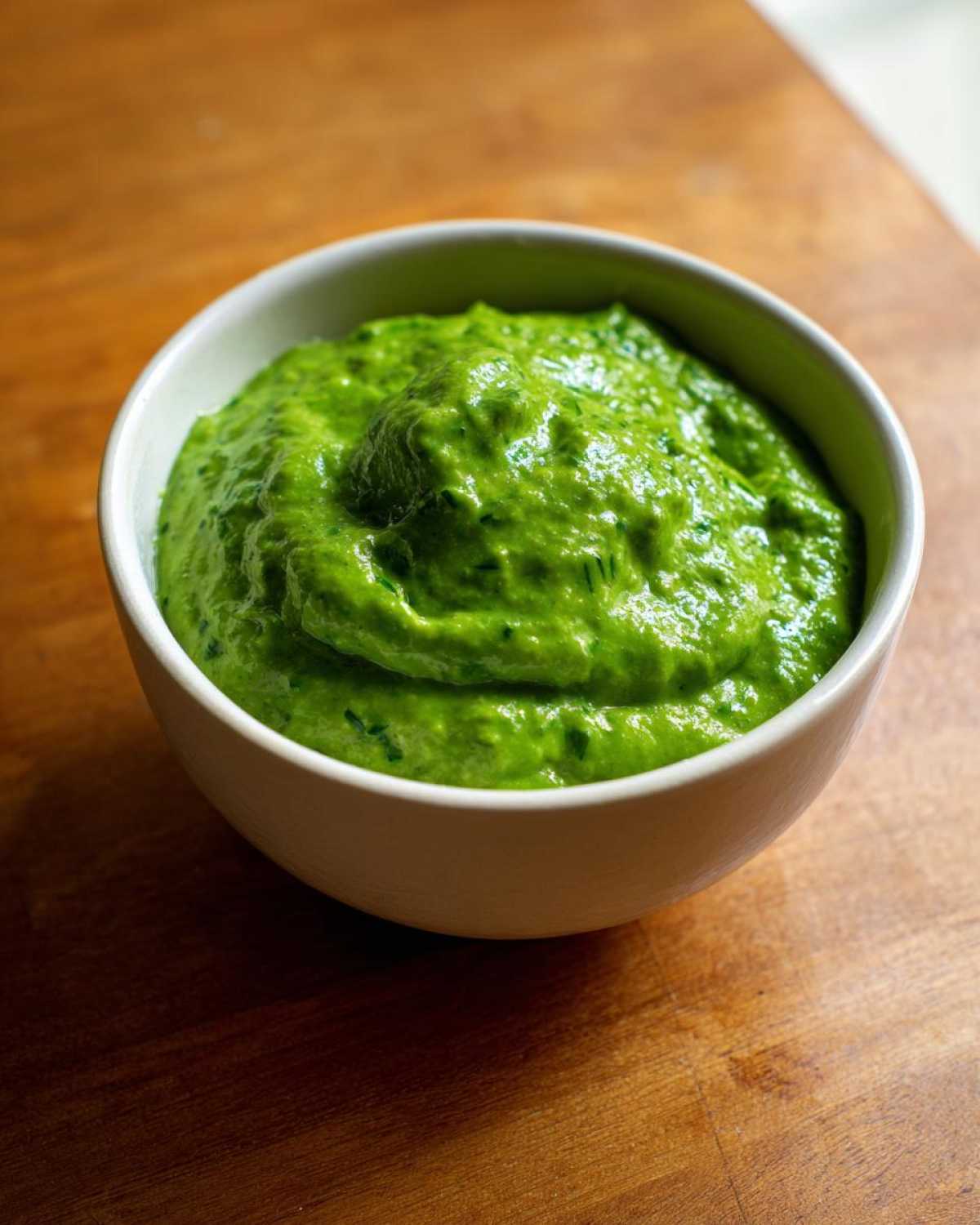 Close-up of vibrant green Avocado Tomatillo Salsa Verde served in a small white bowl on a wooden surface.