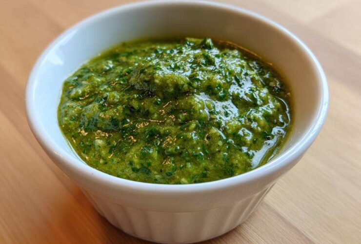 Close-up of vibrant green Avocado Tomatillo Salsa Verde served in a small, white, ribbed bowl.