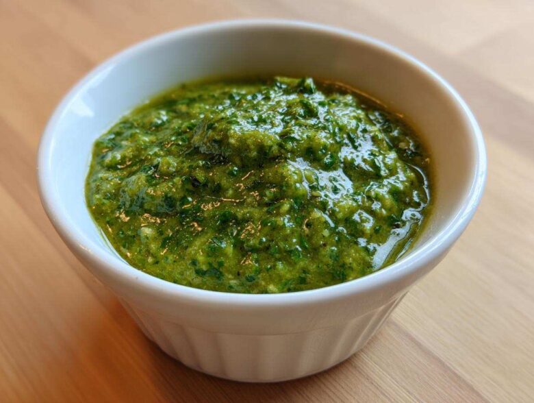 Close-up of vibrant green Avocado Tomatillo Salsa Verde served in a small, white, ribbed bowl.