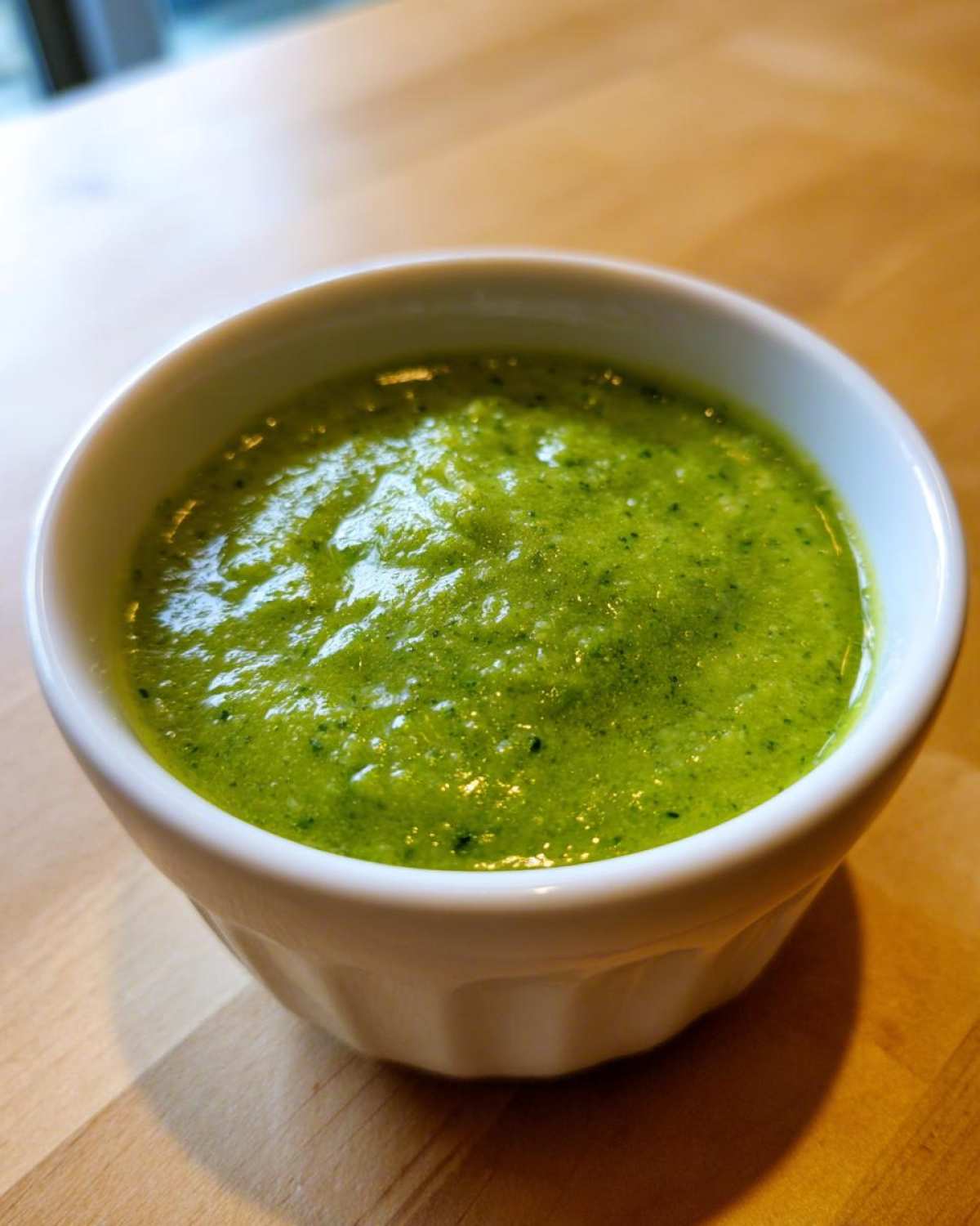 Close-up of bright green Avocado Tomatillo Salsa Verde served in a small white fluted ramekin on a wooden surface.