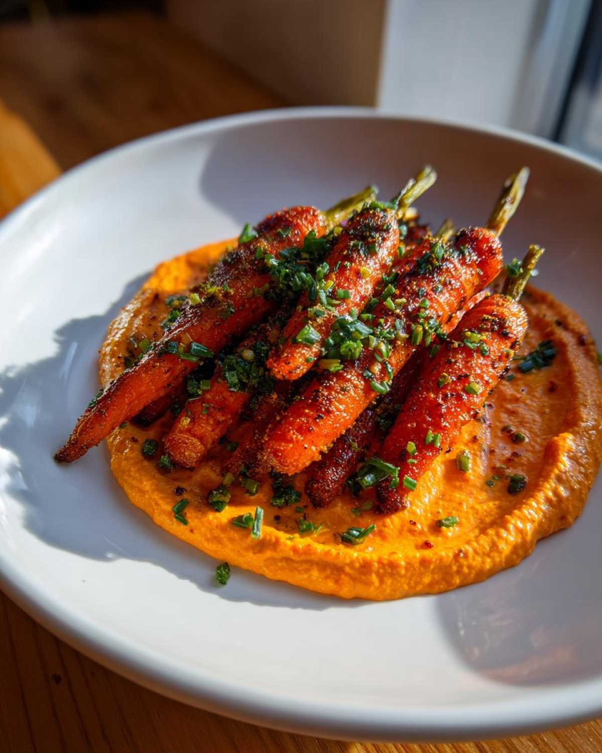 Roasted Baby Carrot Harissa Yogurt Plate topped with fresh green chives.