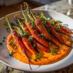 A plate featuring roasted baby carrots with greens resting on a vibrant orange smear of harissa yogurt.