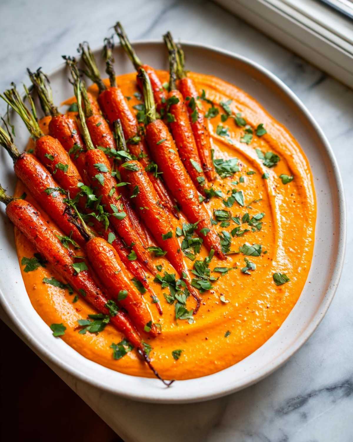 A plate featuring roasted Baby Carrot Harissa Yogurt Plate, garnished with fresh parsley.