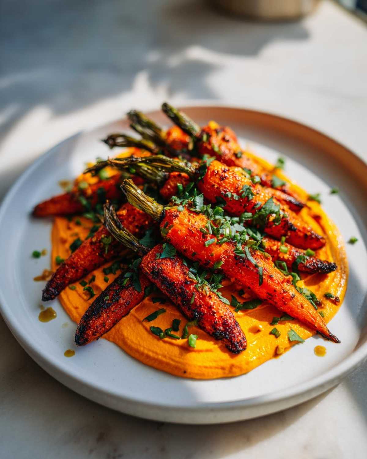 Close-up of roasted baby carrots with charred edges served over a vibrant orange smear of harissa yogurt.