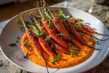 A plate featuring roasted baby carrots with greens resting on a vibrant orange smear of harissa yogurt.