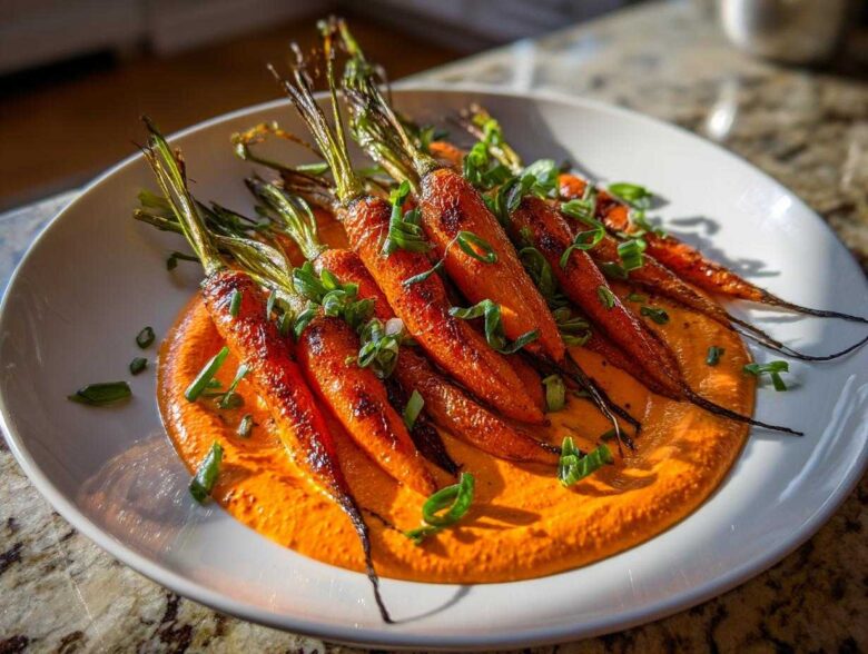 A plate featuring roasted baby carrots with greens resting on a vibrant orange smear of harissa yogurt.