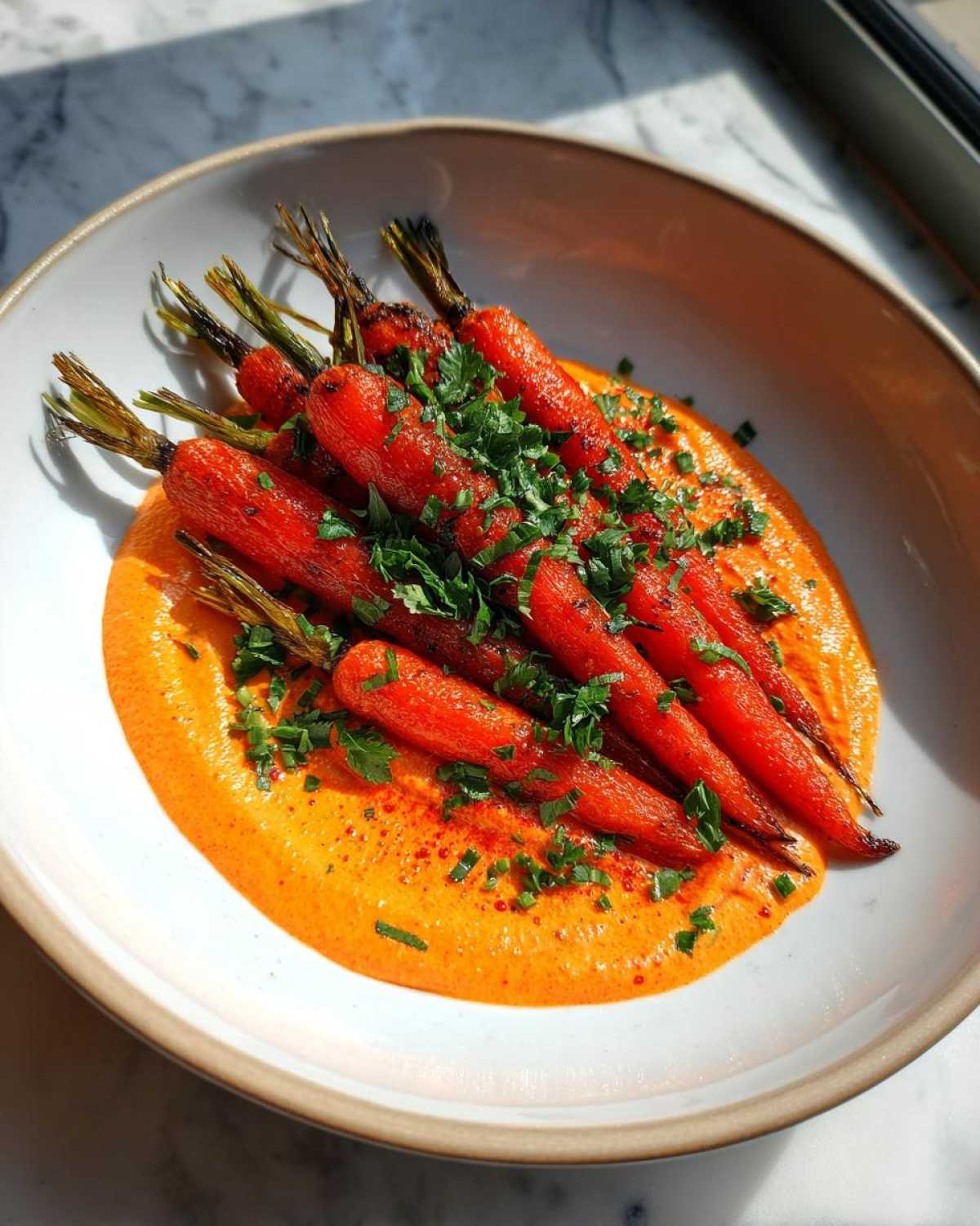 A serving of roasted baby carrots with greens on a bed of vibrant orange harissa yogurt dip.
