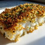 Close-up of a flaky white fish fillet topped with golden brown Herb Panko crust.