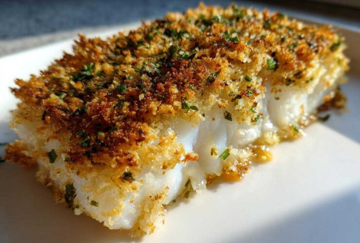 Close-up of a flaky white fish fillet topped with golden brown Herb Panko crust.