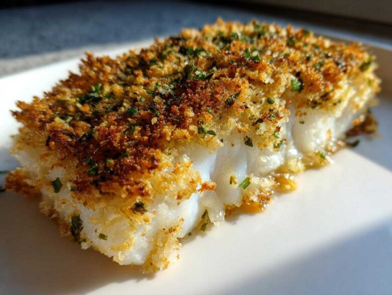 Close-up of a flaky white fish fillet topped with golden brown Herb Panko crust.