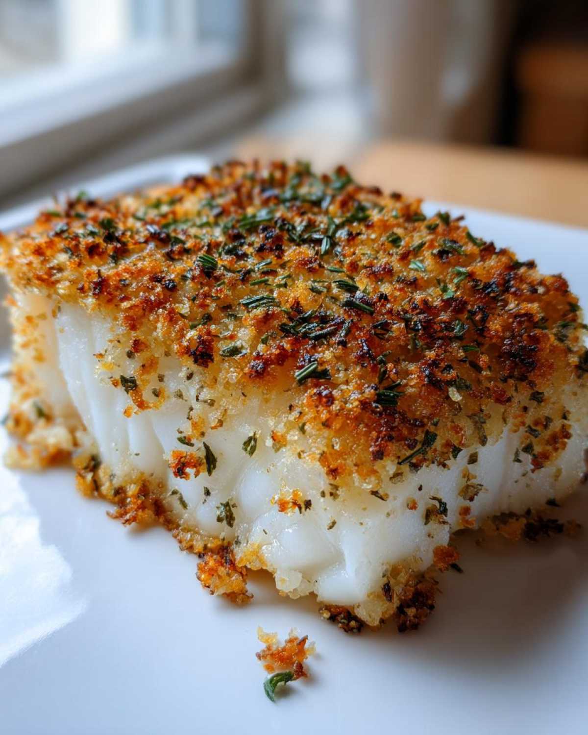 Close-up of a flaky white fillet of Baked Cod with Herb Panko, featuring a golden-brown, crispy topping.