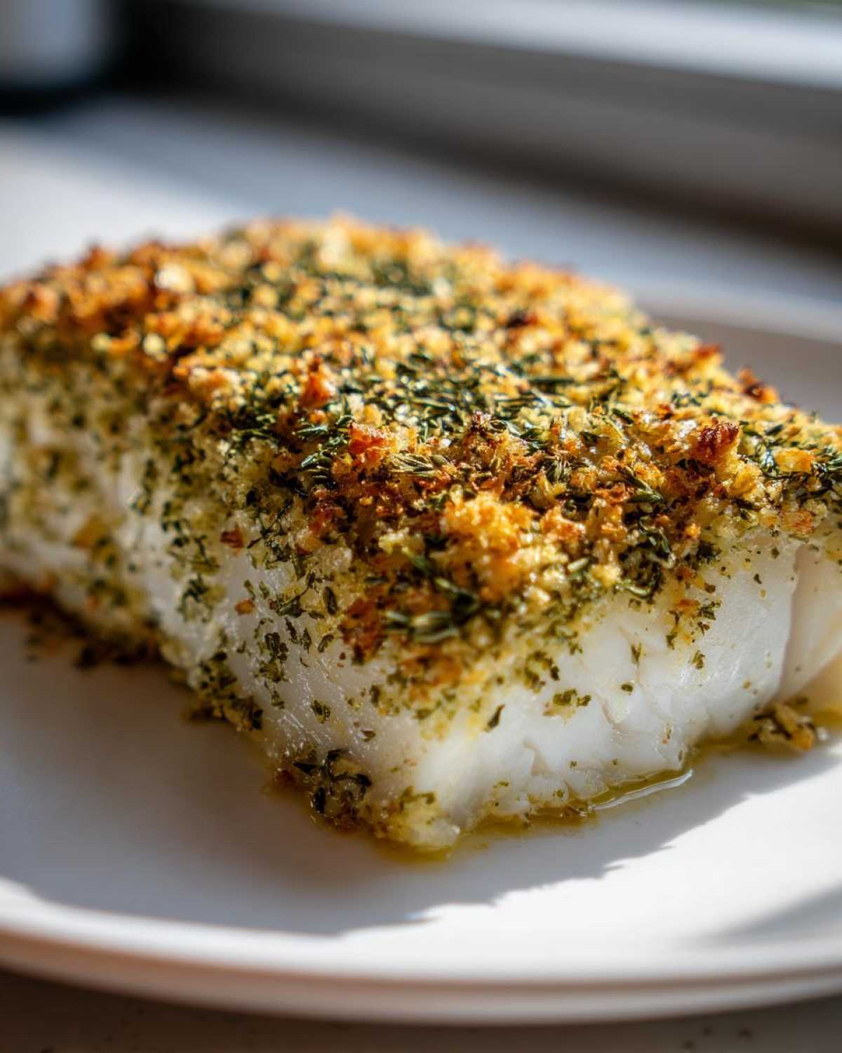 A close-up, sunlit shot of a flaky fillet of Baked Cod with Herb Panko crust resting on a white plate.
