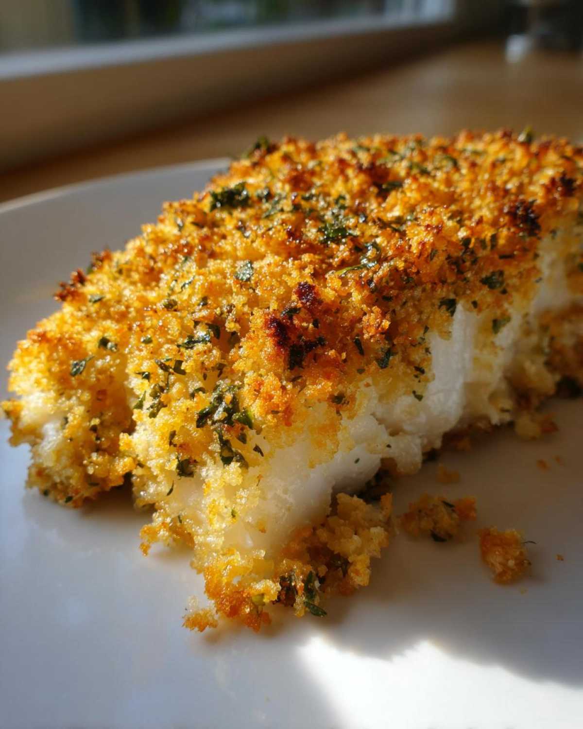 Close-up of flaky white fish topped with a golden, crispy Herb Panko crust, ready to eat.