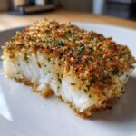 Close-up of a perfectly cooked fillet of Baked Cod with Herb Panko, showing flaky white fish and a golden brown crust.