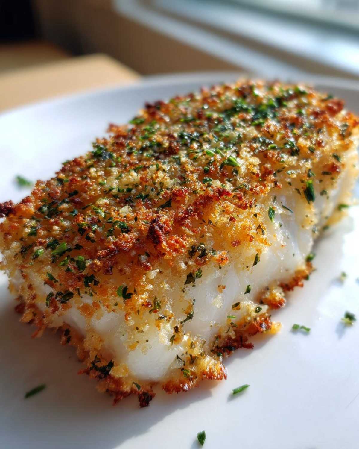 Close-up of a flaky white fillet of Baked Cod with Herb Panko, showing a golden, crispy topping.