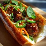 A close-up of a Banh Mi Meatball Subs filled with glazed meatballs, pickled carrots, jalapeño slices, and fresh mint.