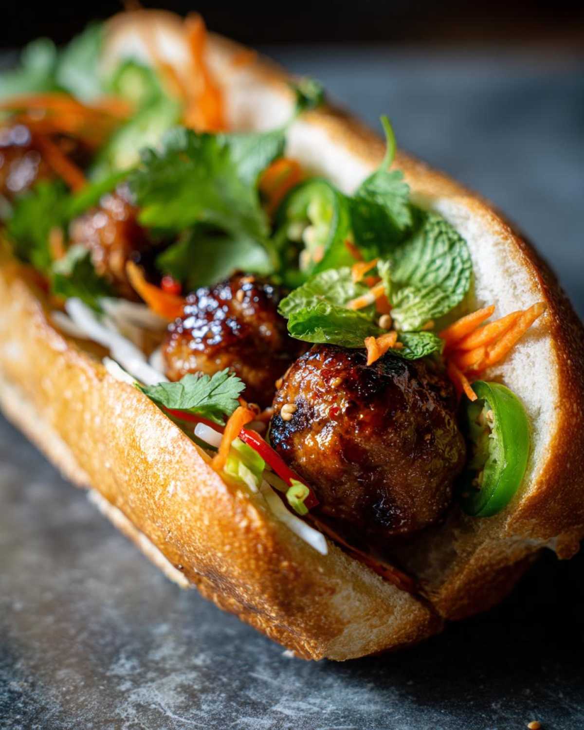 A close-up of a delicious Banh Mi Meatball Subs sandwich filled with glazed meatballs, cilantro, mint, and pickled vegetables.