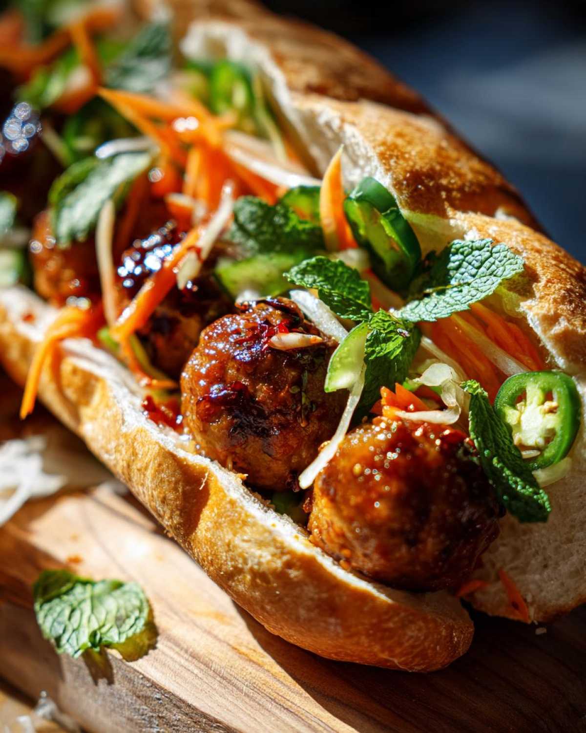Close-up of a delicious Banh Mi Meatball Subs filled with glazed meatballs, pickled carrots, mint, and jalapeño slices.