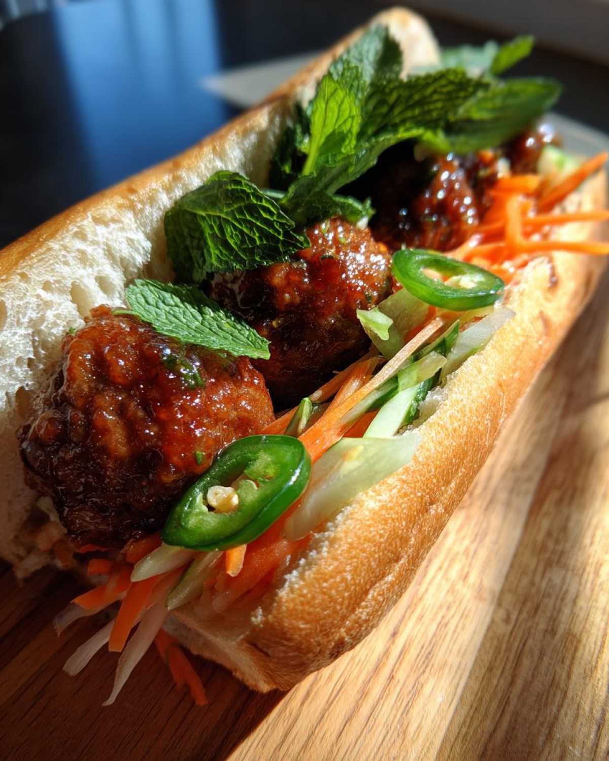 A close-up of a Banh Mi Meatball Subs filled with glazed meatballs, pickled carrots, cucumber, fresh mint, and jalapeño slices.
