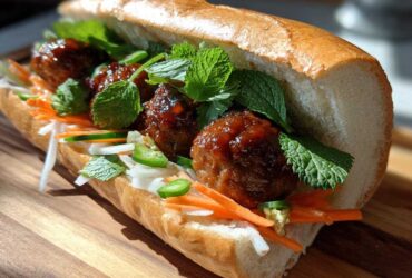 A close-up of a delicious Banh Mi Meatball Subs sandwich filled with glazed meatballs, pickled carrots, daikon, and fresh mint.