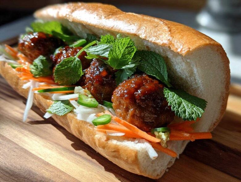 A close-up of a delicious Banh Mi Meatball Subs sandwich filled with glazed meatballs, pickled carrots, daikon, and fresh mint.