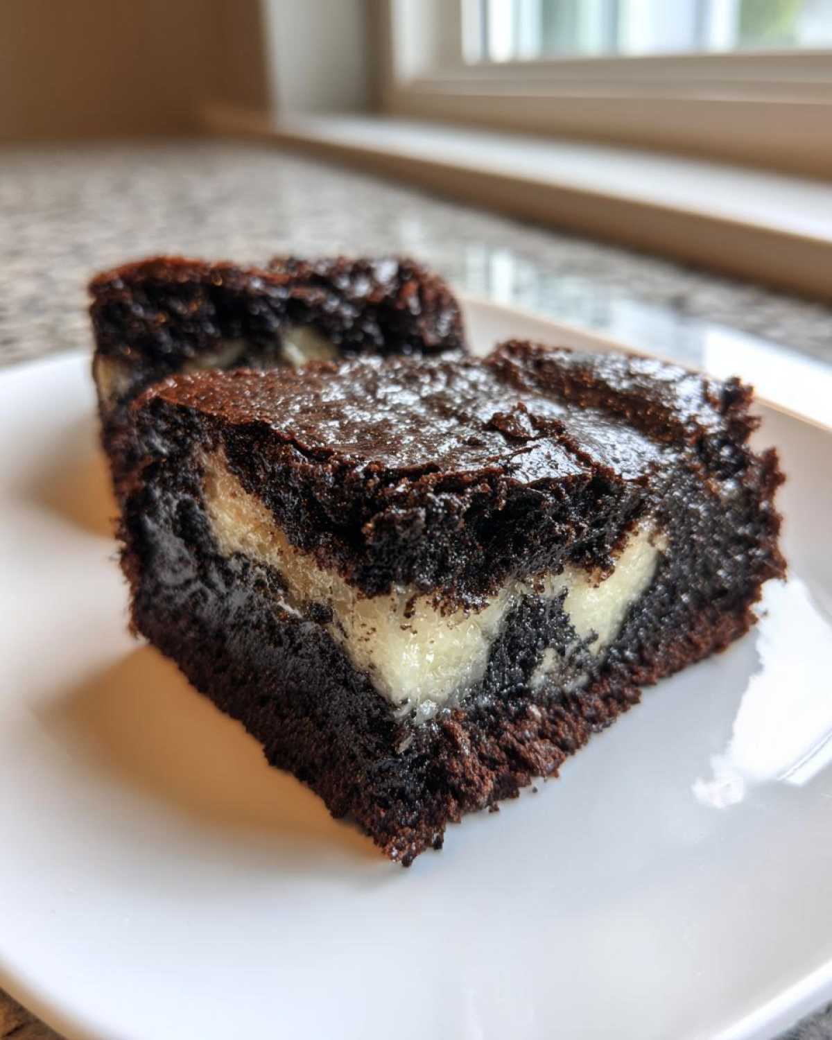 Two rich, dark Black Sesame Mochi Brownies with a visible white, chewy mochi layer served on a white plate.