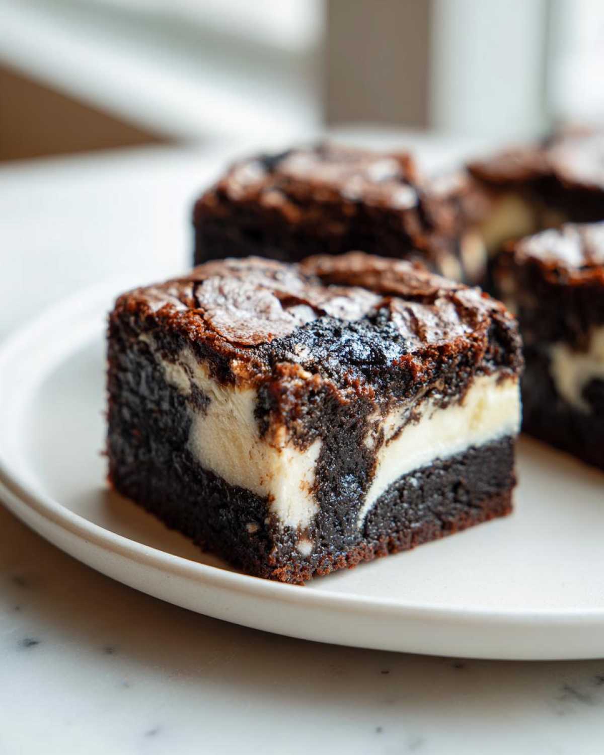 A square piece of rich, dark Black Sesame Mochi Brownies showing a creamy white swirl texture, served on a white plate.