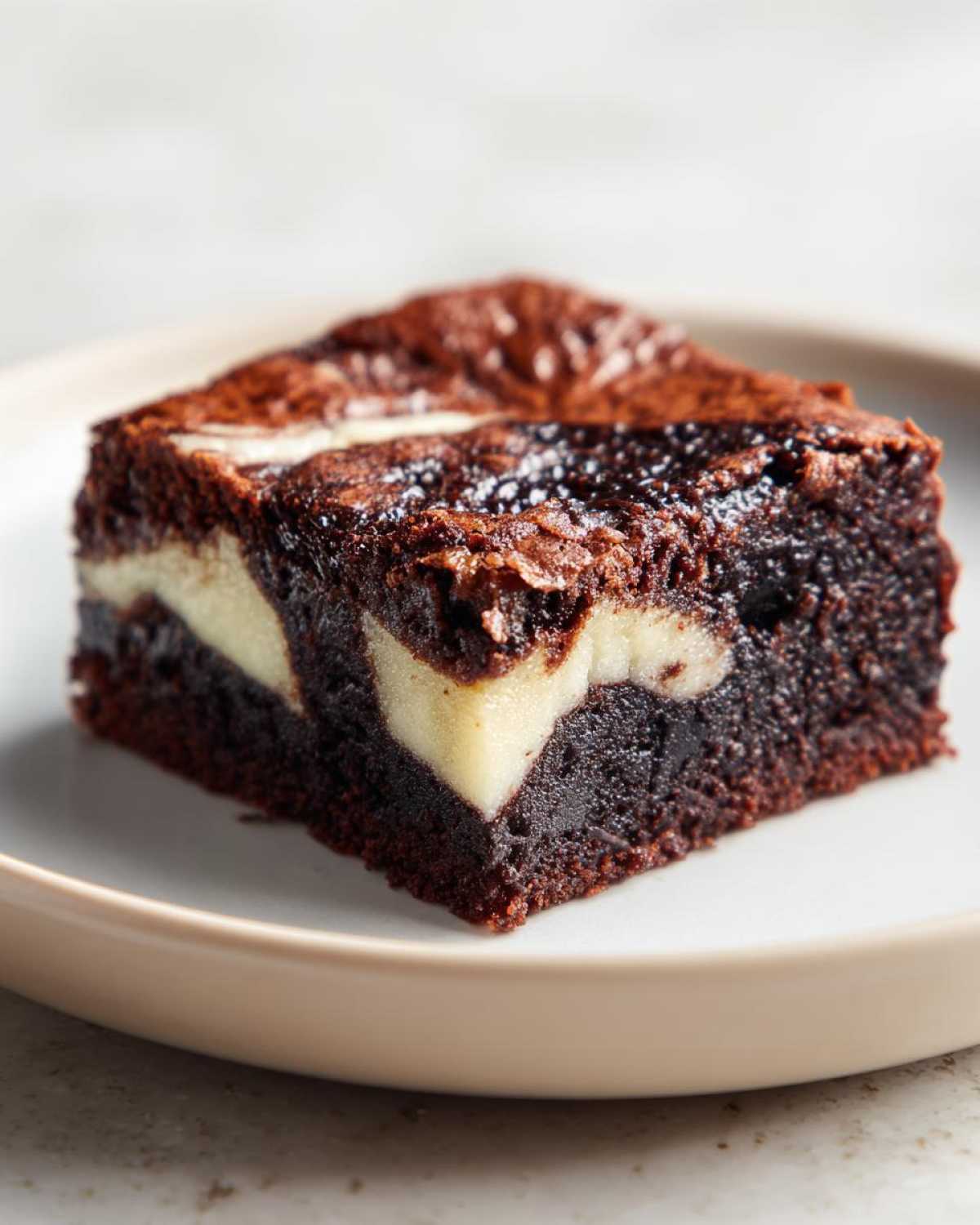 Close-up of a rich, fudgy slice of Black Sesame Mochi Brownies featuring a creamy white swirl.