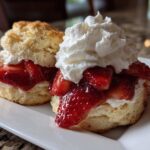 Two fluffy biscuits filled with macerated strawberries and topped with whipped cream for Breakfast Strawberry Shortcakes with Quick Jam.