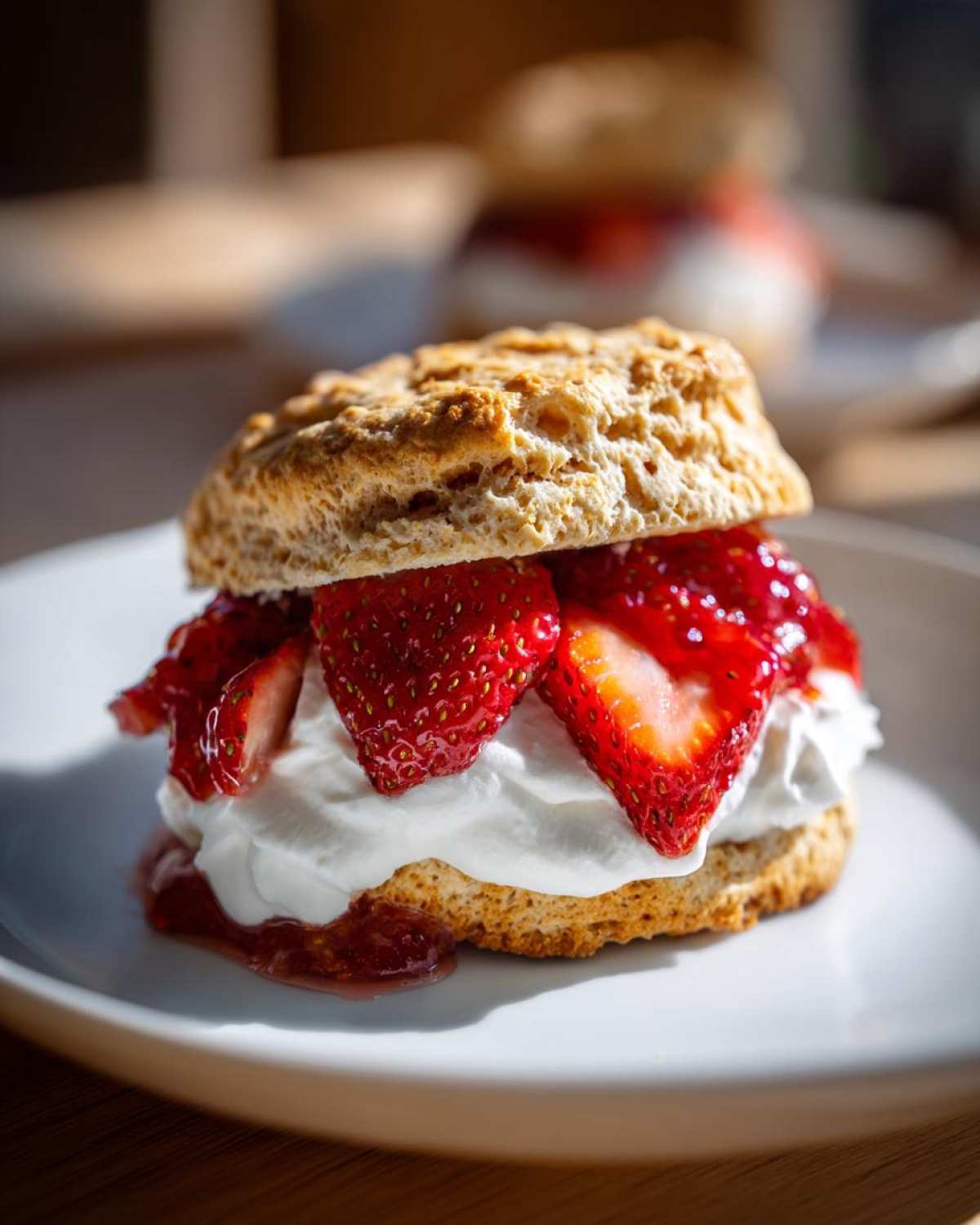 A single serving of Breakfast Strawberry Shortcakes with Quick Jam, featuring a biscuit, whipped cream, and sliced strawberries.