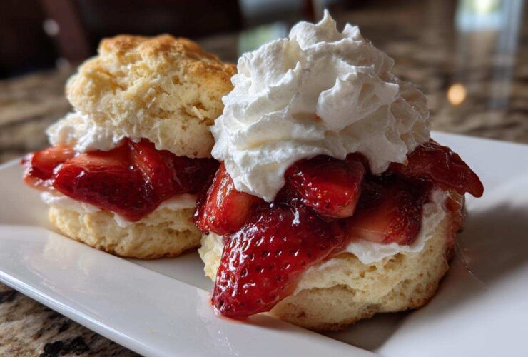 Two fluffy biscuits filled with macerated strawberries and topped with whipped cream for Breakfast Strawberry Shortcakes with Quick Jam.