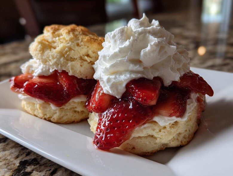Two fluffy biscuits filled with macerated strawberries and topped with whipped cream for Breakfast Strawberry Shortcakes with Quick Jam.