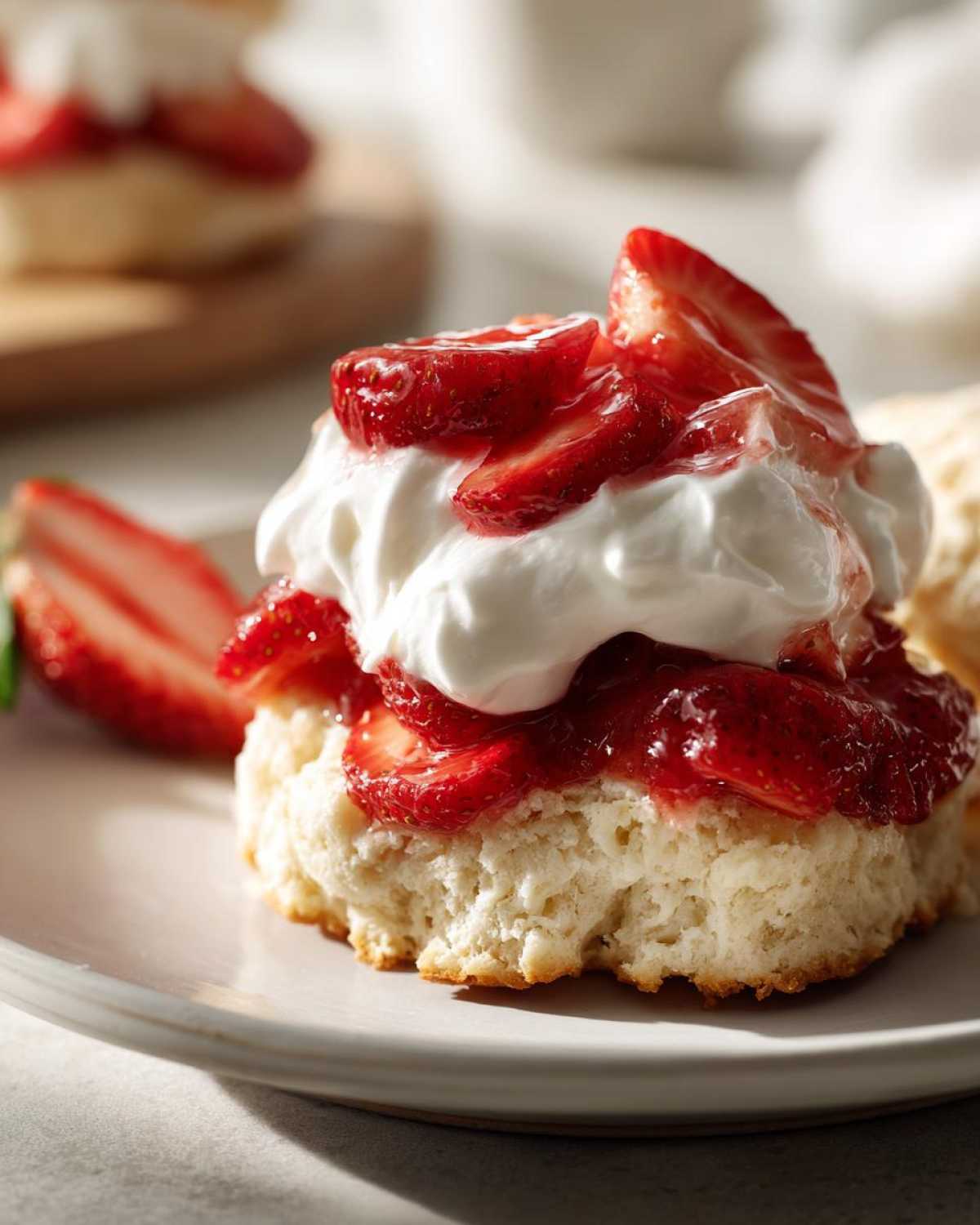 A close-up of a fluffy biscuit topped with quick jam, sliced strawberries, and whipped cream for Breakfast Strawberry Shortcakes.