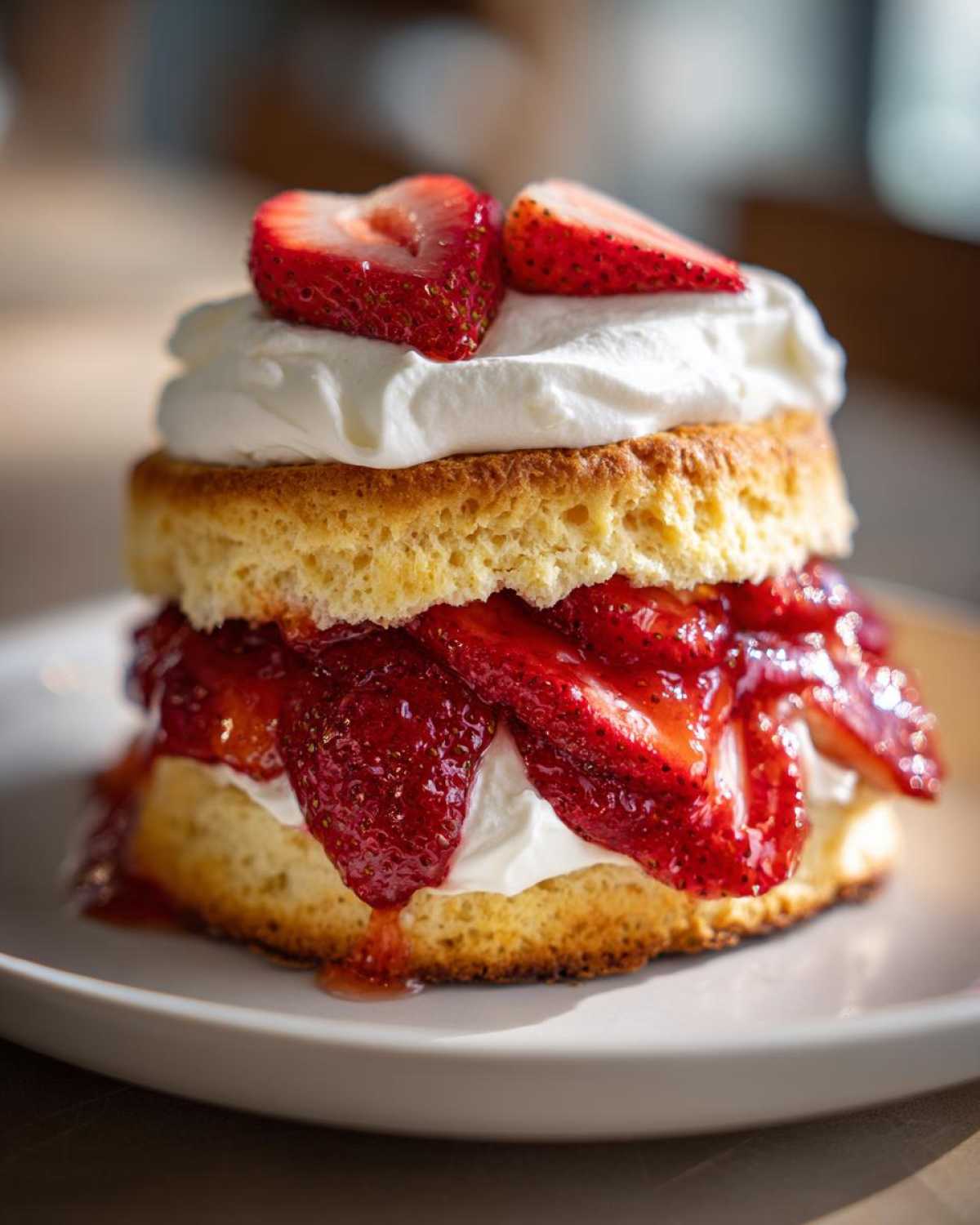 A stacked Breakfast Strawberry Shortcakes with Quick Jam featuring biscuit, macerated strawberries, whipped cream, and sliced strawberries on top.