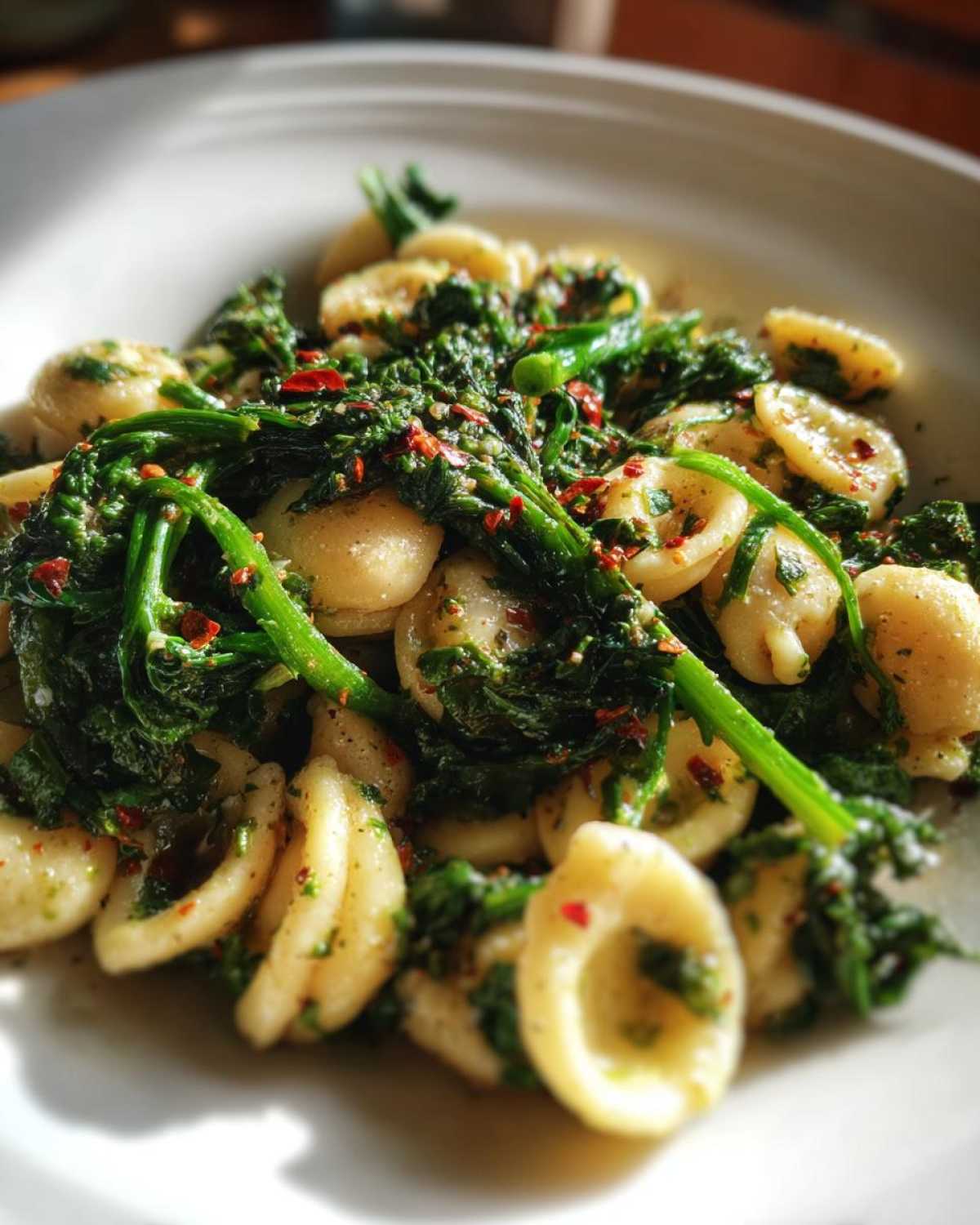 Close-up of orecchiette pasta mixed with vibrant green Broccoli Raab Pasta with Chili Flakes.