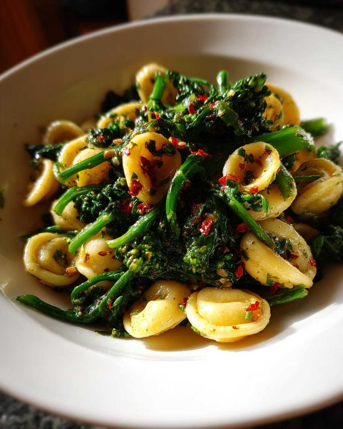 Close-up of orecchiette pasta tossed with vibrant green Broccoli Raab with Chili Flakes.