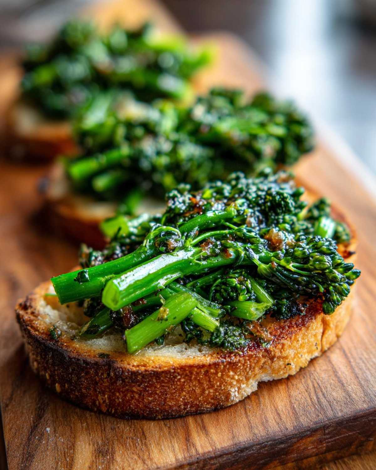 Close-up of Broccolini Garlic Anchovy Toast featuring bright green broccolini piled high on toasted bread slices.